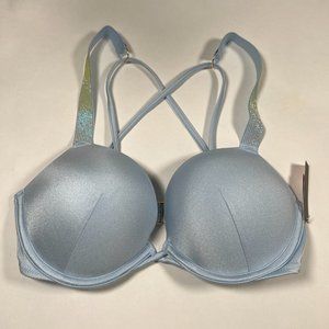Victoria Secret 36C Bombshell Push Up Bikini Top Shine Strap Pastel Purity Blue
